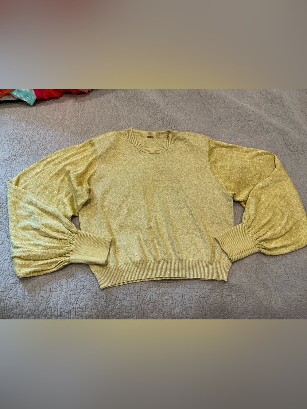 Free People Metallic Gold Balloon-Sleeve Crew Sweater